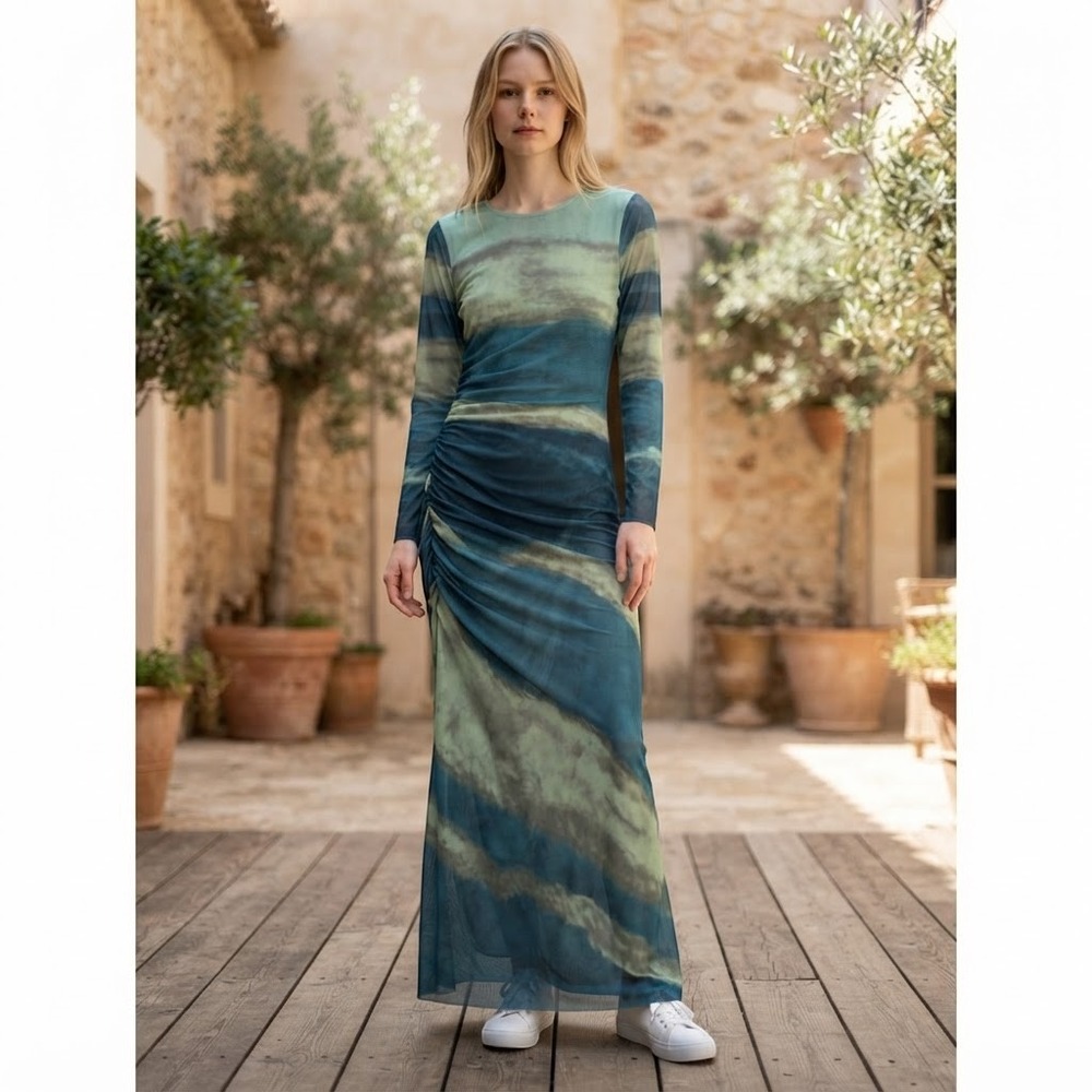 Luxury Maxi Dress Women's Small Blue Green Tie Dye Ruched Mesh Long Sleeve